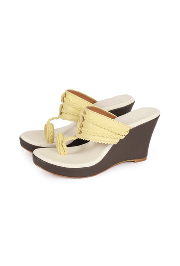 Yellow and White Vegan Leather Kolhapuri Wedges